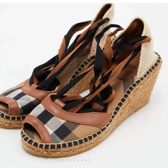 Burberry Tan and Black Plaid Wedge Sandals - Picture 1 of 7